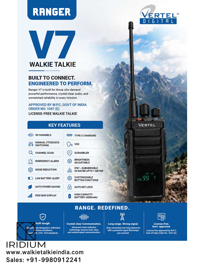 Vertel Ranger V7 License Free Walkie Talkie Dealer Distributor Bengalore Walkie Talkie Suppliers in Bengaluru Mysore Mangalore Channai